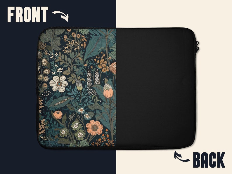 Pode incluir: Uma capa para laptop preta com um padr&atilde;o floral na frente. O padr&atilde;o apresenta uma variedade de flores e folhas em tons de verde, azul, rosa e laranja. A parte de tr&aacute;s da capa &eacute; preta lisa.