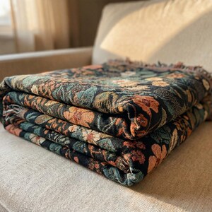 Dark Floral Blanket Woven Throw, Autumn Botanical Design, Cozy Fall Decor, Vintage Garden Style image 9
