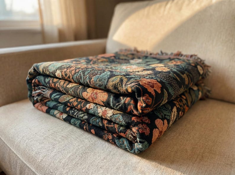Dark Floral Blanket Woven Throw, Autumn Botanical Design, Cozy Fall Decor, Vintage Garden Style image 9