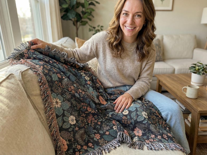 Dark Floral Blanket Woven Throw, Autumn Botanical Design, Cozy Fall Decor, Vintage Garden Style image 2
