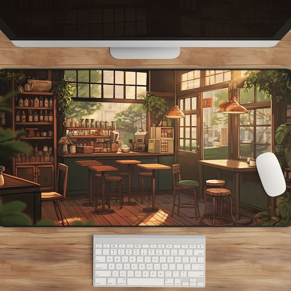 Lofi Anime Desk Mat: Cozy Coffee Shop Art for Study & Gaming