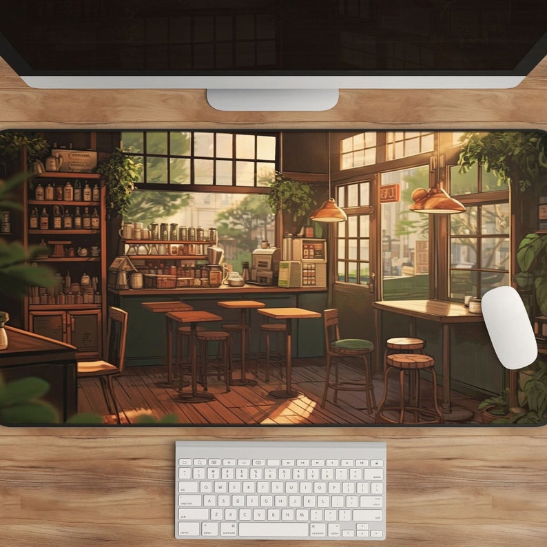 May include: A digital illustration of a cafe interior with wooden tables and chairs, a counter with shelves stocked with bottles, and a large window overlooking a street scene. The cafe is bathed in warm, natural light.