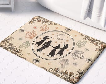 Boho Bath Mat with Crescent Moon and Sisterhood Circle, Witchy Spiritual Home Decor, Gift for Her
