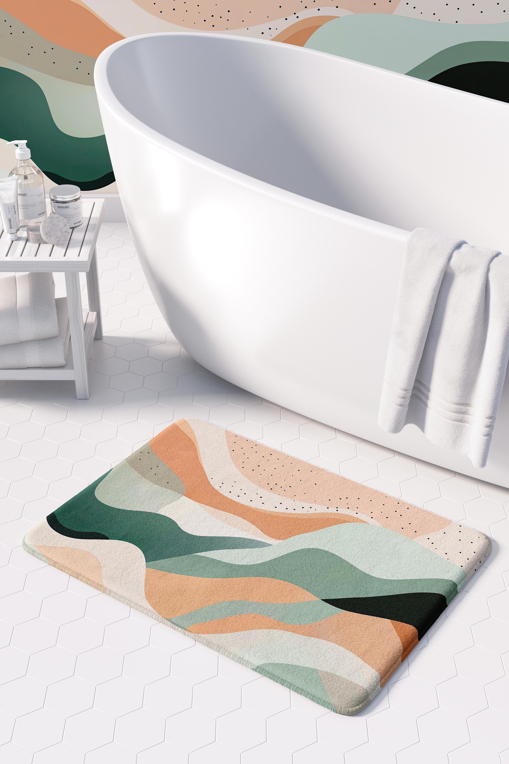 Boho Memory Foam Bath Mat: Abstract Wavy Design, Non-Slip