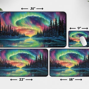 May include: Four different sizes of mouse pads featuring a colorful aurora borealis scene over a lake and forest. The largest mouse pad is 31 inches wide by 15.5 inches tall, the next largest is 22 inches wide by 12 inches tall, the third largest is 18 inches wide by 12 inches tall, and the smallest is 9 inches wide by 7 inches tall.