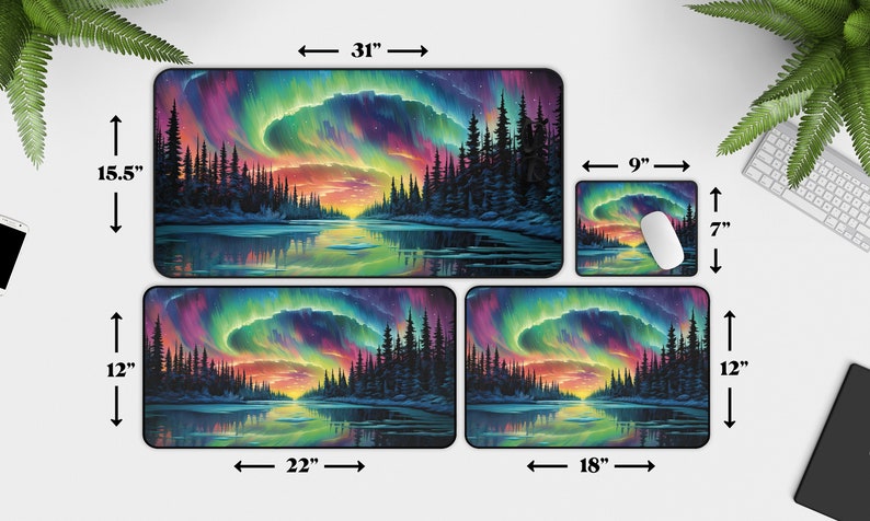May include: Four different sizes of mouse pads featuring a colorful aurora borealis scene over a lake and forest. The largest mouse pad is 31 inches wide by 15.5 inches tall, the next largest is 22 inches wide by 12 inches tall, the third largest is 18 inches wide by 12 inches tall, and the smallest is 9 inches wide by 7 inches tall.