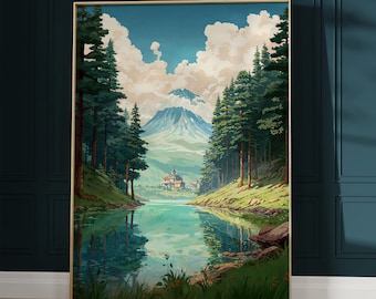 以下が含まれることがあります： 木々に囲まれた湖と、背景に山を描いた絵画。湖は空と雲を映し出している。湖の岸辺には小さな村がある。