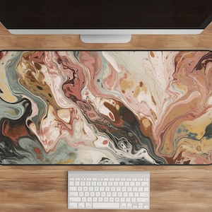 Marbled Desk Mat - Pink & Brown Watercolor, Organic Fluid Forms, Chic Workspace Decor