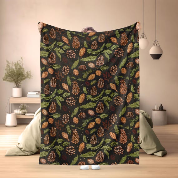 Cozy Pinecone Velveteen Throw Blanket, Plush Autumn Design (Multiple Sizes)
