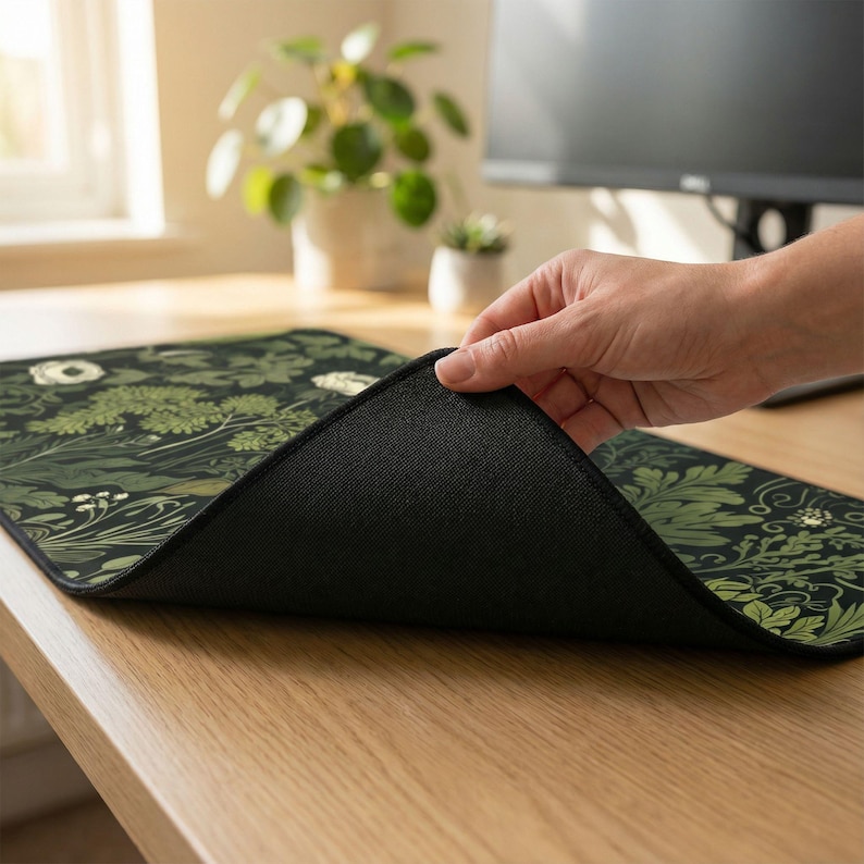 Botanical Art Nouveau Desk Mat - Sage Green Floral And Plant Detailed Design - Ideal Cute Office Decor & Extended Keyboard Mat image 5