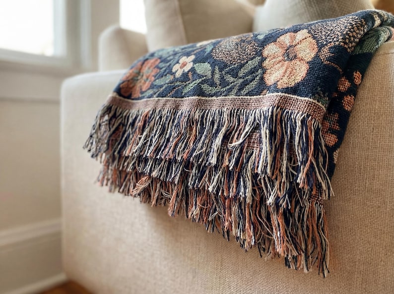 Dark Floral Blanket Woven Throw, Autumn Botanical Design, Cozy Fall Decor, Vintage Garden Style image 11