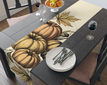 Fall Table Runner - Cottagecore Mushroom Botanical Print, Thanksgiving Table Decor