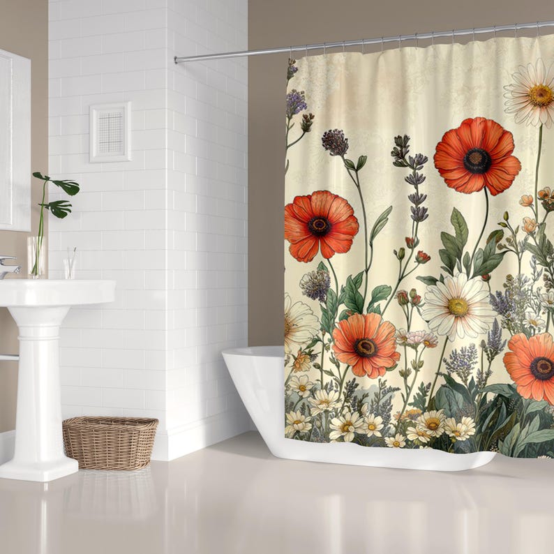 Wildflower Shower Curtain: Vintage Cottagecore Style for a Rustic Farmhouse Bathroom image 1