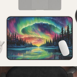 May include: A colorful aurora borealis reflected in a still lake, with a dark silhouette of a forest in the foreground. The sky is filled with vibrant shades of pink, purple, green, and blue.