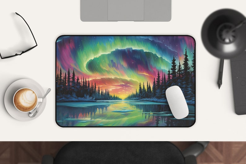 May include: A colorful aurora borealis reflected in a still lake, with a dark silhouette of a forest in the foreground. The sky is filled with vibrant shades of pink, purple, green, and blue.
