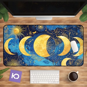 Moon Phases Mousepad, Celestial Desk Mat XL, Gold Moon Cycle Mat, Lunar Chart Desk Pad, Stars Horoscope Desk Mat, Mystical Astronomy