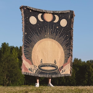 Celestial Woven Blanket, Moon Phase Pattern, Sun and Moon Astrology Throw, Witchy Boho Home Decor Gift for Her