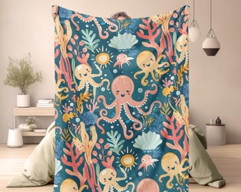 Cute Octopus Blanket | Soft Fleece, Kids Marine Life Decor, Ocean Theme Cuddly Throw, Cozy Nautical Bedding