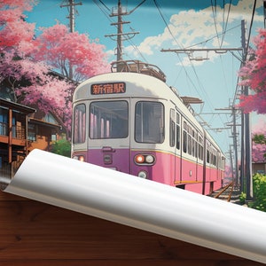 May include: A pink and white train with the text "新宿駅" in Japanese, traveling through a scenic landscape with cherry blossom trees. The train is moving towards the right side of the image.
