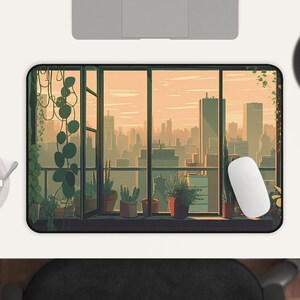 May include: A city skyline viewed from a window with potted plants on a windowsill. The city is in the distance and the sky is a soft orange color. The window is framed in black and the plants are green.