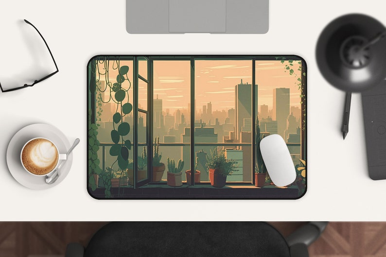 May include: A city skyline viewed from a window with potted plants on a windowsill. The city is in the distance and the sky is a soft orange color. The window is framed in black and the plants are green.