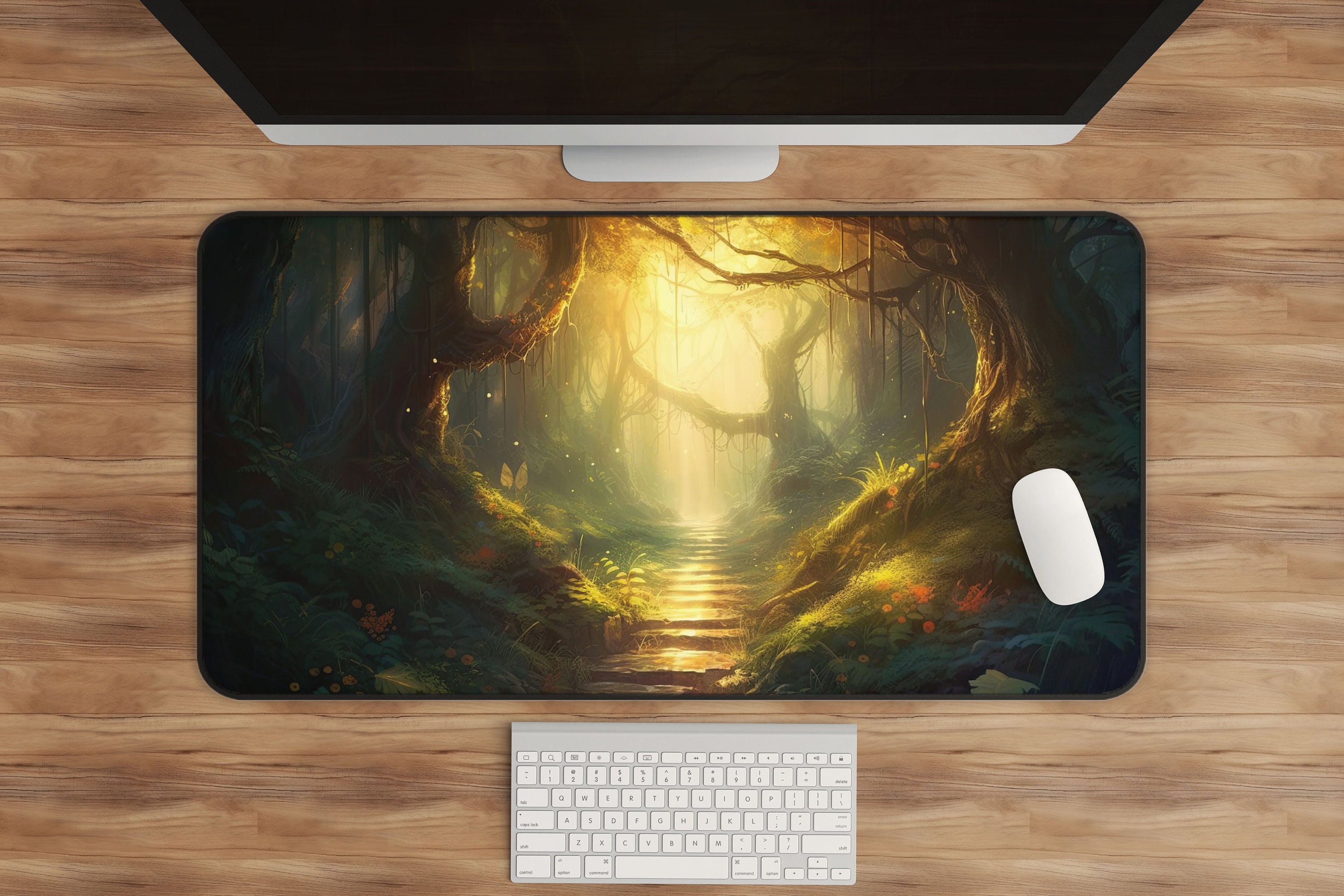 Magical Forest Desk Mat - Fantasy Art Mousepad, Golden Sunlight, Jungle Vines, Fireflies, Dark Cottagecore, Gaming, Extended Nature Desk Mat