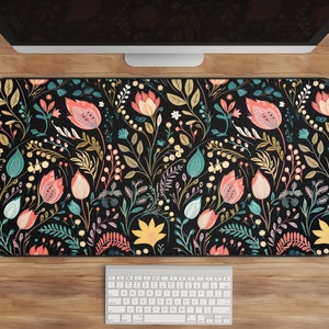 Whimsical Floral Desk Mat - Cute Hand-Drawn Style Flowers, Dark Cottagecore Mousepad with Nature-Inspired Motifs