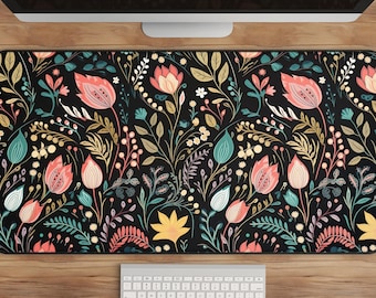 Whimsical Floral Desk Mat - Cute Hand-Drawn Style Flowers, Dark Cottagecore Mousepad with Nature-Inspired Motifs