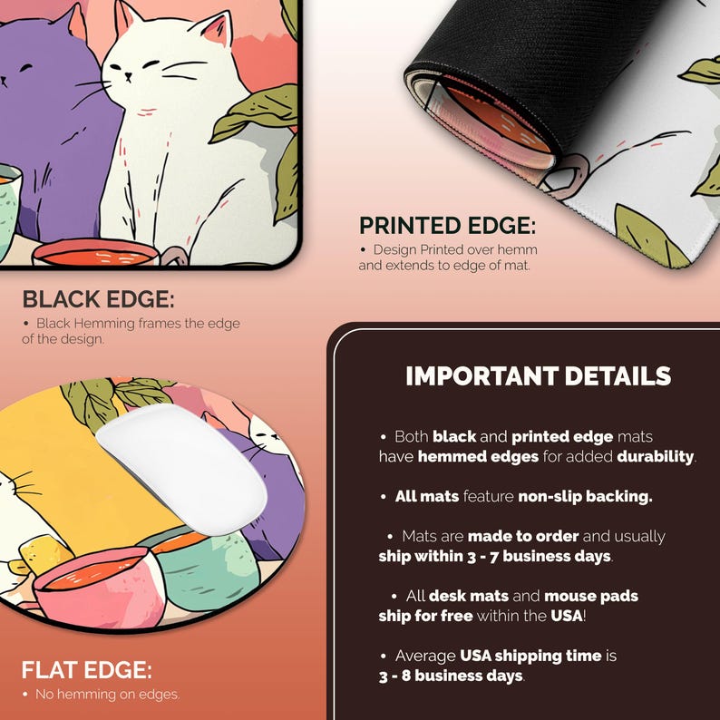 Peut inclure: Tapis de bureau et tapis de souris avec une illustration de chat fantaisiste en violet, blanc et jaune. Le tapis a un bord cousu noir et un dos antid&eacute;rapant. Le motif s'&eacute;tend jusqu'au bord du tapis.