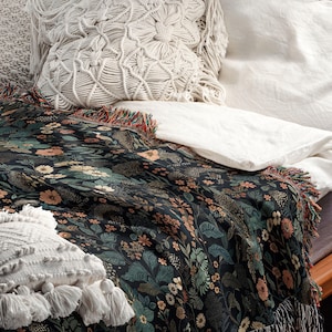 Dark Floral Blanket Woven Throw, Autumn Botanical Design, Cozy Fall Decor, Vintage Garden Style image 3