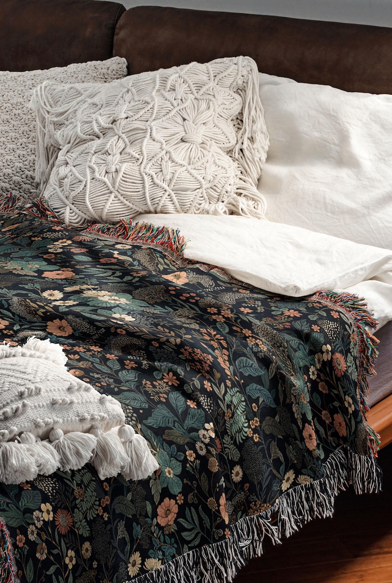 Dark Floral Blanket Woven Throw, Autumn Botanical Design, Cozy Fall Decor, Vintage Garden Style image 3