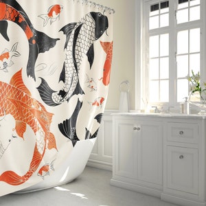 Rideau de douche Zen Koi : décoration de salle de bain rouge et noir d&#39;inspiration asiatique