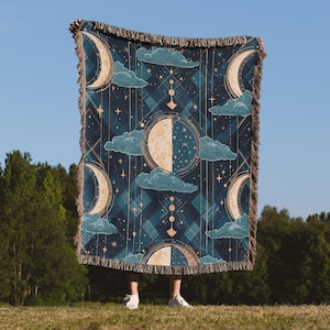 Celestial Blanket Woven Throw, Moon Phase Pattern, Starry Night Decor, Astrology Gift for Witchy Homes