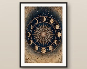 Moon Phase Wall Art Set of 6, Vintage Celestial Astronomy Prints, Dark Academia Decor