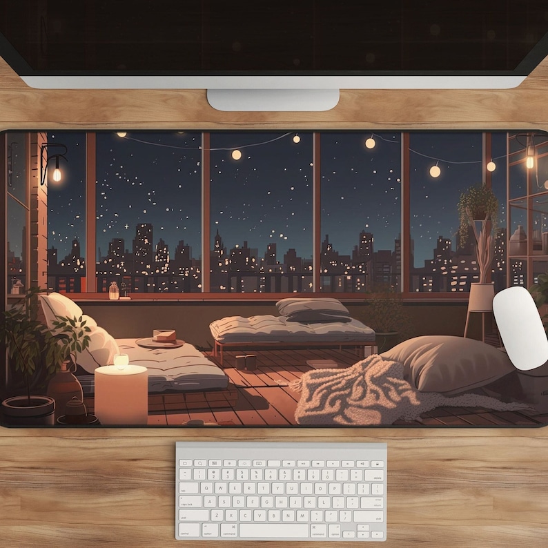 Pu&ograve; includere: Un'illustrazione digitale di un accogliente soggiorno con vista sullo skyline di una citt&agrave; di notte. La stanza presenta una grande finestra con luci a stringa, due futon, una coperta e una pianta in vaso. Lo skyline della citt&agrave; &egrave; illuminato da luci scintillanti.