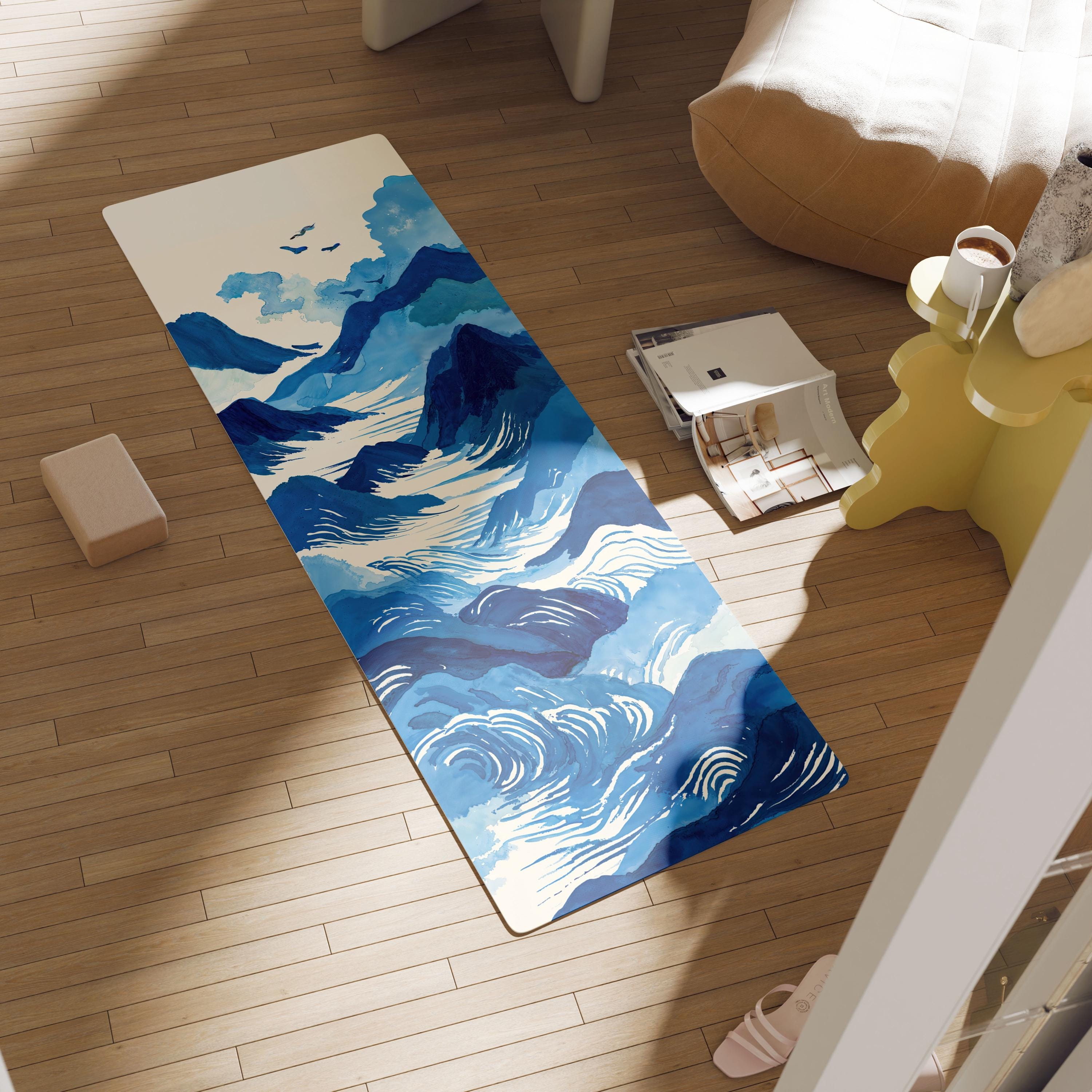 Blue Wave Yoga Mat, Japanese Ink Style, Mountain Zen Art (two
