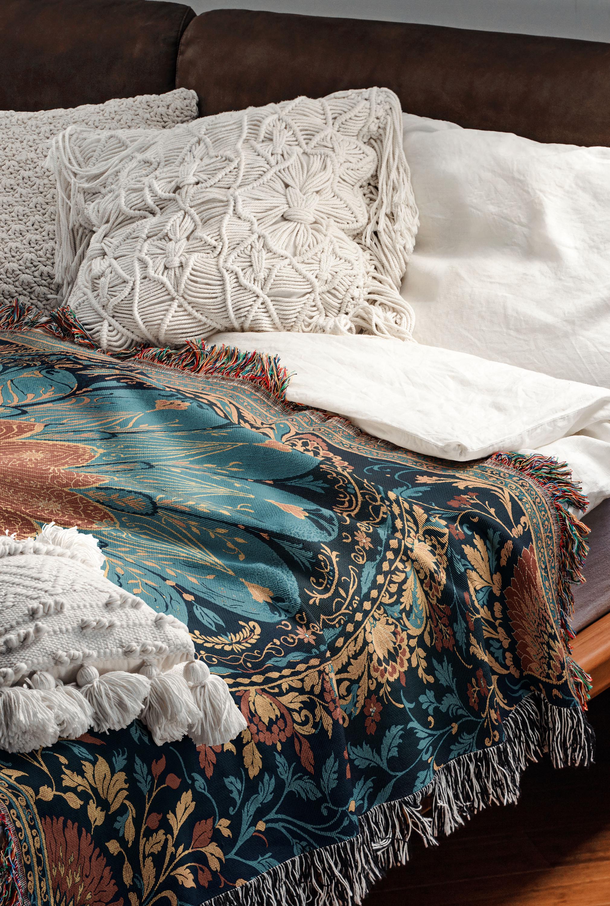 Mandala Woven Blanket, Vibrant Floral Tapestry Throw, Bohemian