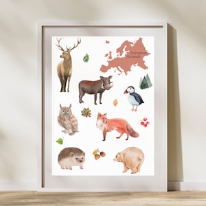 Dierenposter, Dieren van de wereld, Wereldkaart, Continent, Kwekerijprint, Kunst aan de muur, Educatieve poster, Voorschoolse bron, Digitale download