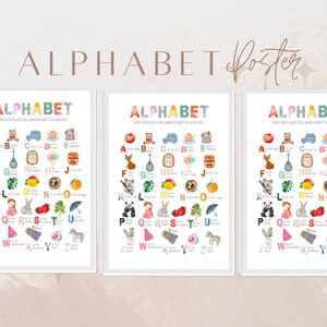 May include: A colorful alphabet poster with illustrations of objects and animals for each letter. The poster is divided into three sections, each with a different color scheme. The letters are in a bold, colorful font. The illustrations are bright and cheerful, and the poster is perfect for teaching children the alphabet.