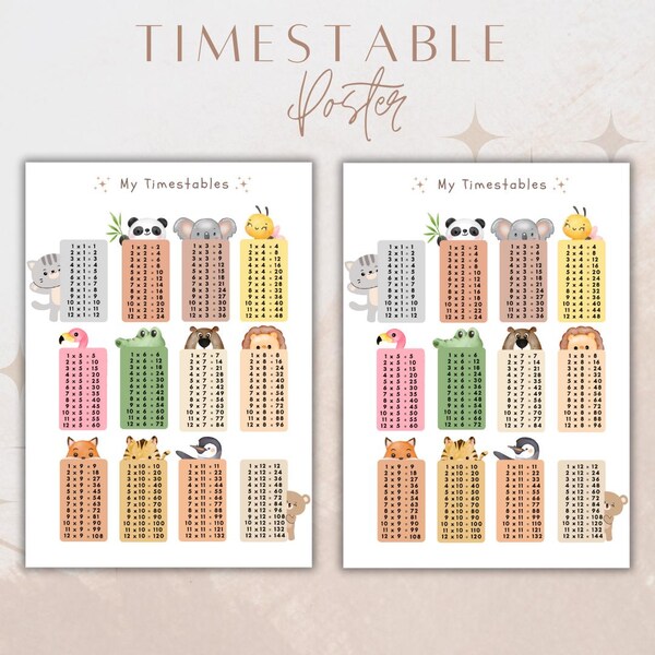 Watercolor Animal Times Table Poster: Educational Classroom Decor (Digital Download)
