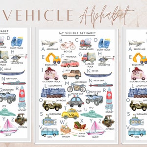 Alfabeto de vehículos, póster del alfabeto, educativo, Montessori, A-Z, descarga digital, transporte, sala de juegos, guardería, coche, camión, tren, aprender el abecedario