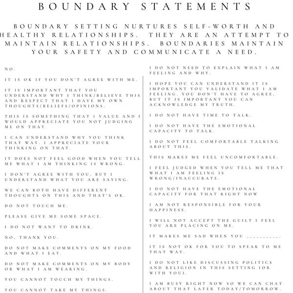 Boundary Statements Printable; Examples of Ways to Communicate Boundaries, Self-Care Resource, Healthy Relationship Resources