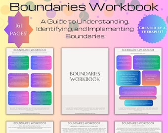 May include: A colorful workbook with the title "Boundaries Workbook" and the text "161 Pages! A Guide to Understanding, Identifying, and Implementing Boundaries" on the cover. The workbook is designed to help people set healthy boundaries in their relationships.