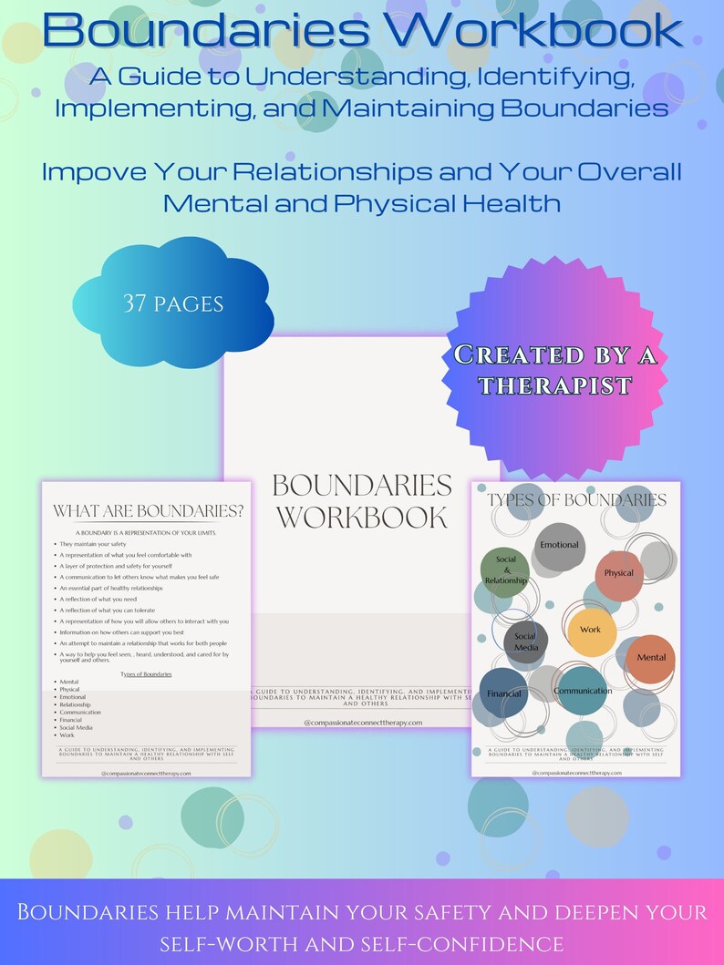 Puede incluir: Una cubierta de cuaderno azul y rosa con el t&iacute;tulo "Boundaries Workbook: A Guide to Understanding, Identifying, Implementing, and Maintaining Boundaries" y el texto "Creado por un terapeuta". La cubierta tambi&eacute;n incluye un diagrama de los diferentes tipos de l&iacute;mites, incluyendo sociales, emocionales, f&iacute;sicos, laborales, de redes sociales, financieros, de comunicaci&oacute;n y mentales.