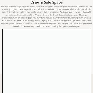 Puede incluir: Un cuaderno de trabajo en blanco y negro con el t&iacute;tulo "Boundaries Workbook" y el texto "Safety Exploration Draw a Safe Space". El texto debajo del t&iacute;tulo explica c&oacute;mo crear un espacio seguro dibujando una imagen que represente un lugar que brinde una sensaci&oacute;n de comodidad. El texto tambi&eacute;n incluye la direcci&oacute;n del sitio web "@compassionateconnecttherapy.com".
