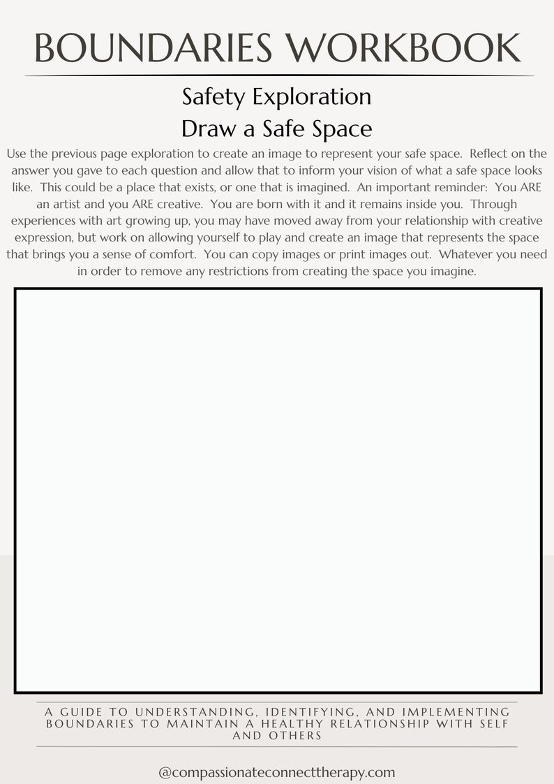 Puede incluir: Un cuaderno de trabajo en blanco y negro con el t&iacute;tulo "Boundaries Workbook" y el texto "Safety Exploration Draw a Safe Space". El texto debajo del t&iacute;tulo explica c&oacute;mo crear un espacio seguro dibujando una imagen que represente un lugar que brinde una sensaci&oacute;n de comodidad. El texto tambi&eacute;n incluye la direcci&oacute;n del sitio web "@compassionateconnecttherapy.com".