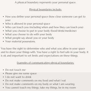 Puede incluir: Un documento de texto en blanco y negro con el t&iacute;tulo "Boundaries Workbook". El documento describe la importancia de establecer l&iacute;mites personales y proporciona ejemplos de c&oacute;mo comunicarlos. El documento incluye el texto "Physical Boundaries" y "Examples of communicating physical boundaries".