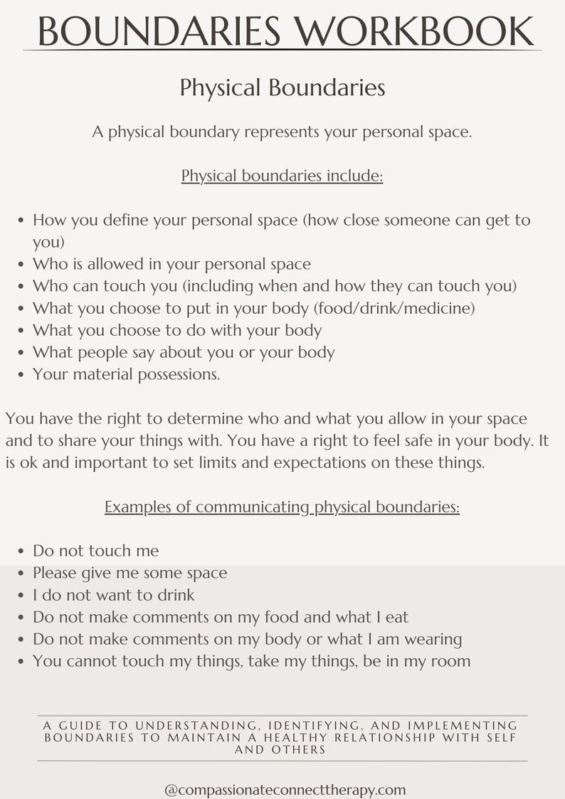 Puede incluir: Un documento de texto en blanco y negro con el t&iacute;tulo "Boundaries Workbook". El documento describe la importancia de establecer l&iacute;mites personales y proporciona ejemplos de c&oacute;mo comunicarlos. El documento incluye el texto "Physical Boundaries" y "Examples of communicating physical boundaries".