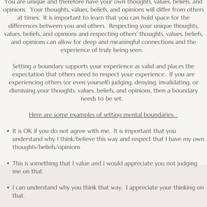 Puede incluir: Un gr&aacute;fico en blanco y negro basado en texto con el t&iacute;tulo "Boundaries Workbook" y el subt&iacute;tulo "Mental Boundaries". El gr&aacute;fico incluye una descripci&oacute;n de los l&iacute;mites mentales y proporciona ejemplos de c&oacute;mo establecer l&iacute;mites mentales. El gr&aacute;fico tambi&eacute;n incluye el texto "A Guide to Understanding, Identifying, and Implementing Boundaries to Maintain a Healthy Relationship with Self and Others" y la direcci&oacute;n del sitio web "@compassionateconnecttherapy.com".