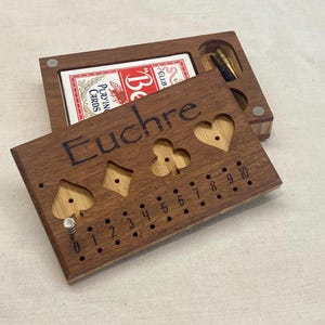 Classic Card Game, Brown Wooden Euchre Set with Score Keeper, Peg Storage, Trump Indicator